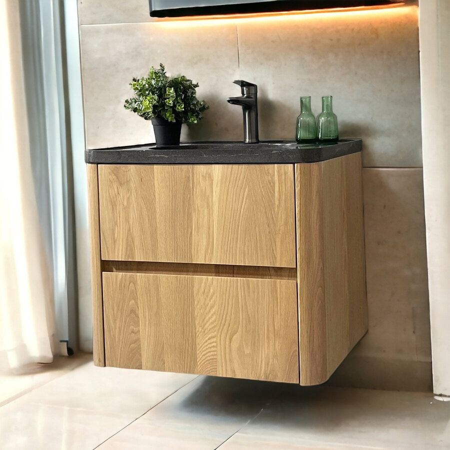 Badmeubel Casajoy Bold Natuurstenen Wastafel Met Onderkast 60 cm 2 Lades Eiken