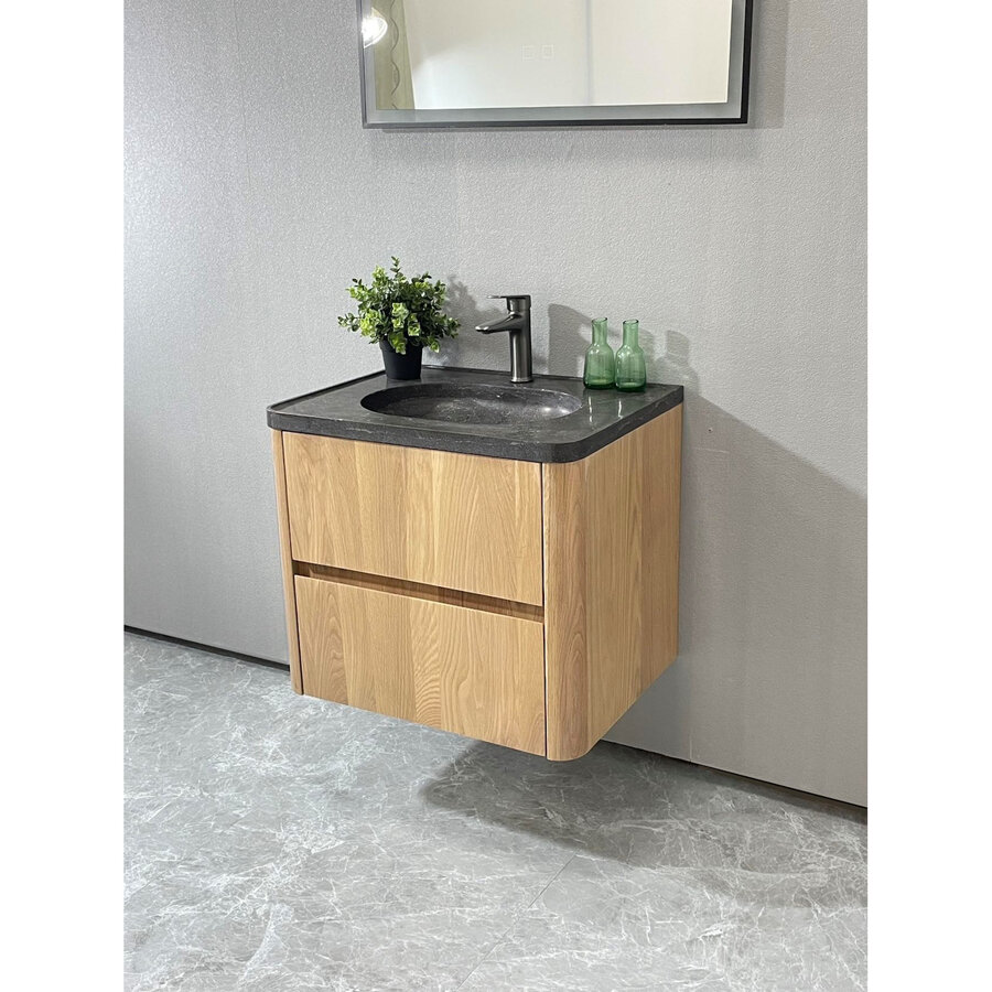 Badmeubel Casajoy Bold Natuurstenen Wastafel Met Onderkast 60 cm 2 Lades Eiken