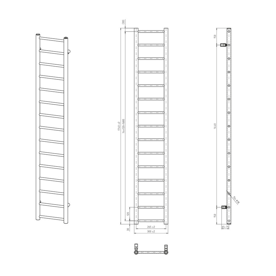 Handdoekradiator Sapho Dina Recht 30x174 cm Mat Zwart