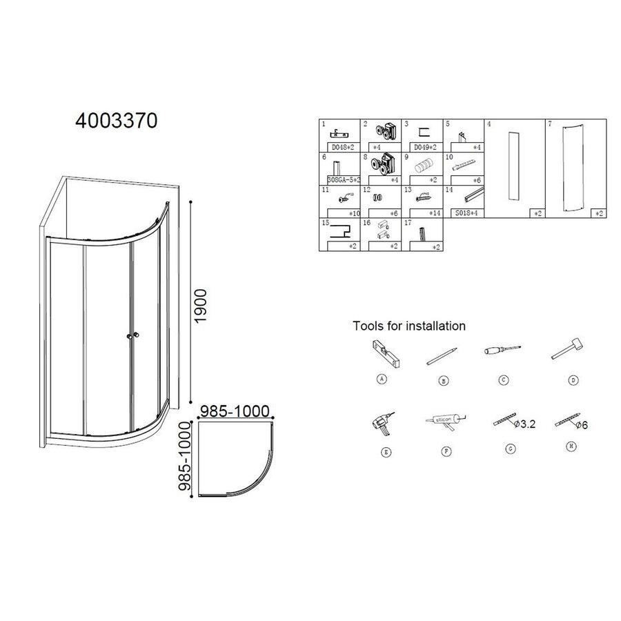 Best-Design "Project" 1/4 Ronde Douchecabine 100x100x190cm Glas 5mm Aluminium Profiel