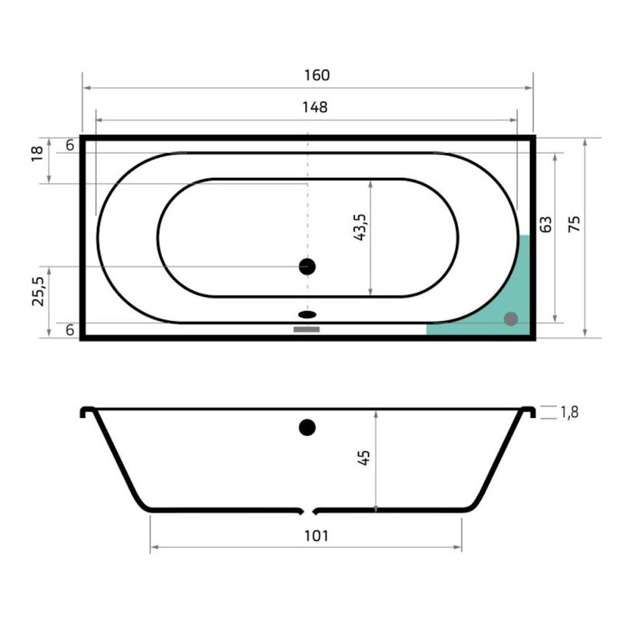 Ligbad Beterbad Xenz Madeira 160x75 cm Inclusief Badpoten Pergamon
