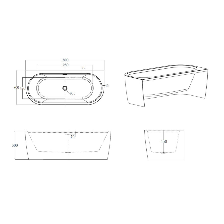 Half Vrijstaand Ligbad Best Design Bareiss 180x80x60 cm Acryl Mat Wit