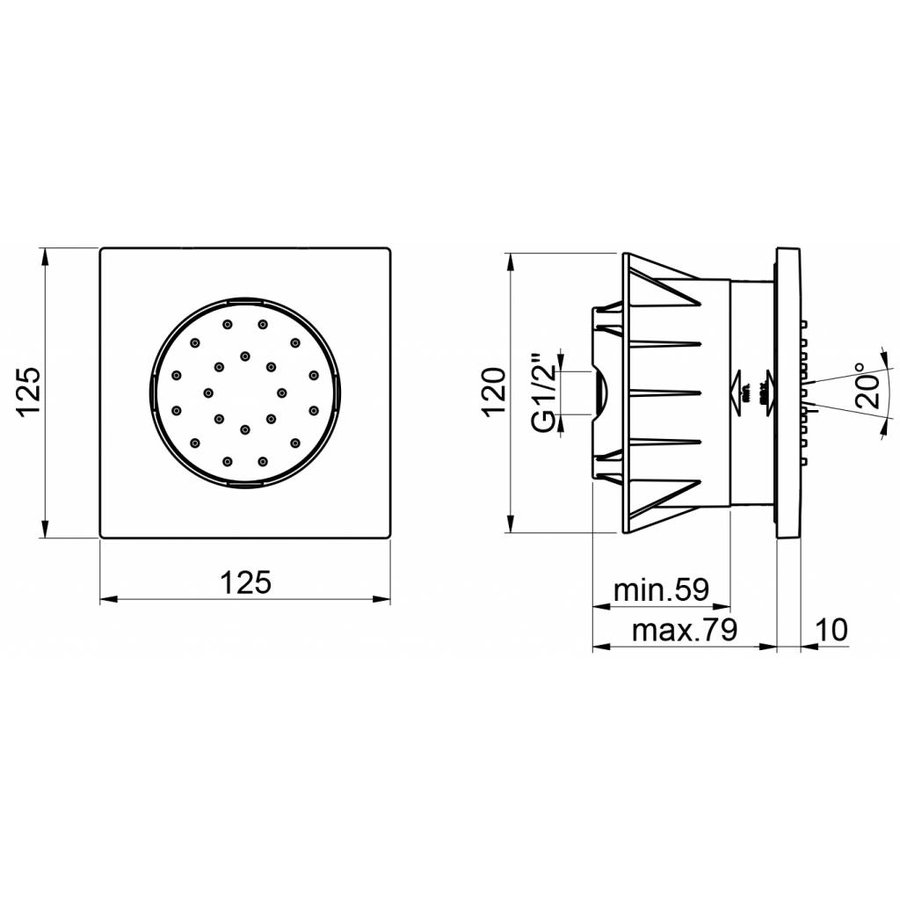 Mate Inbouw Bodyjet Vierkant Kantelbaar M135