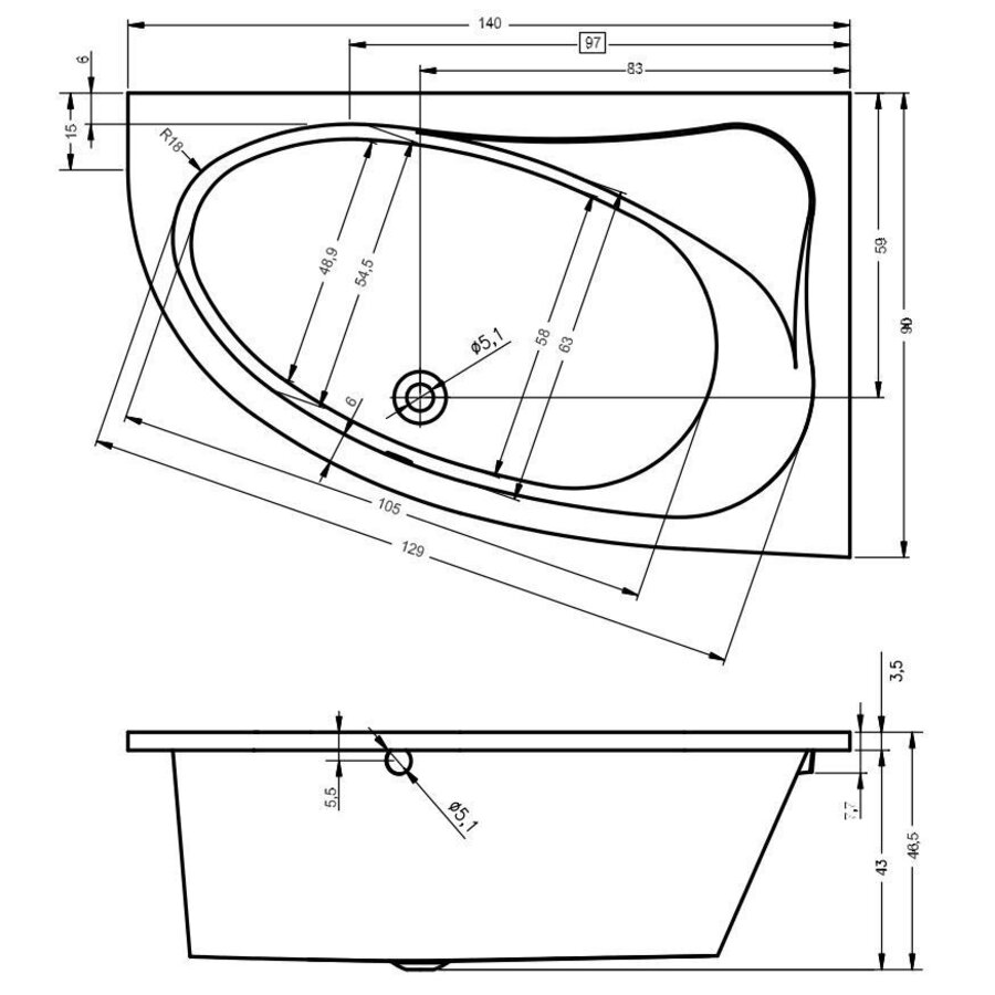 Hoekbad Lyra 140X90X43 Cm Rechts/Links Wit
