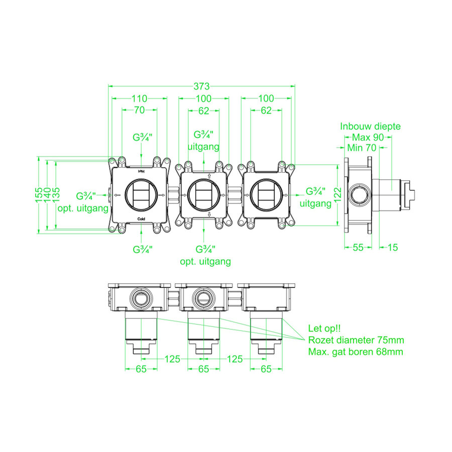Inbouwbox IVY tbv Inbouw Thermostaat Met 2 Stopkranen Symmetry Donker Blauw