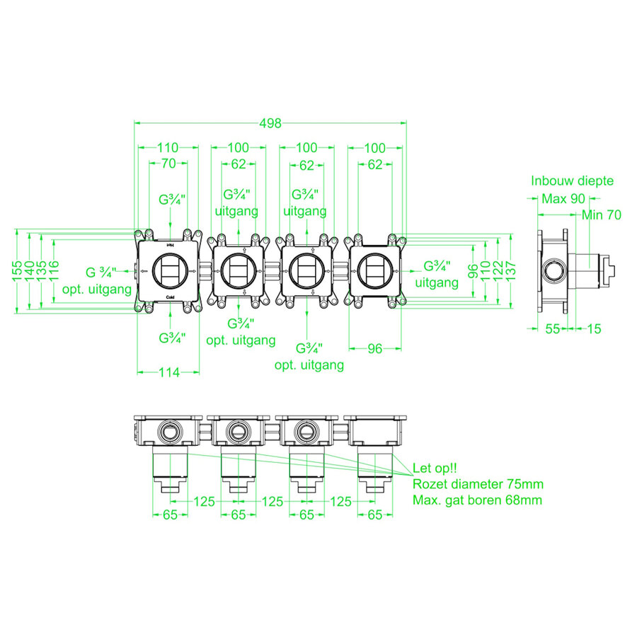 Inbouwbox IVY tbv Inbouw Thermostaat 3 Stopkranen Symmetry Donker Blauw