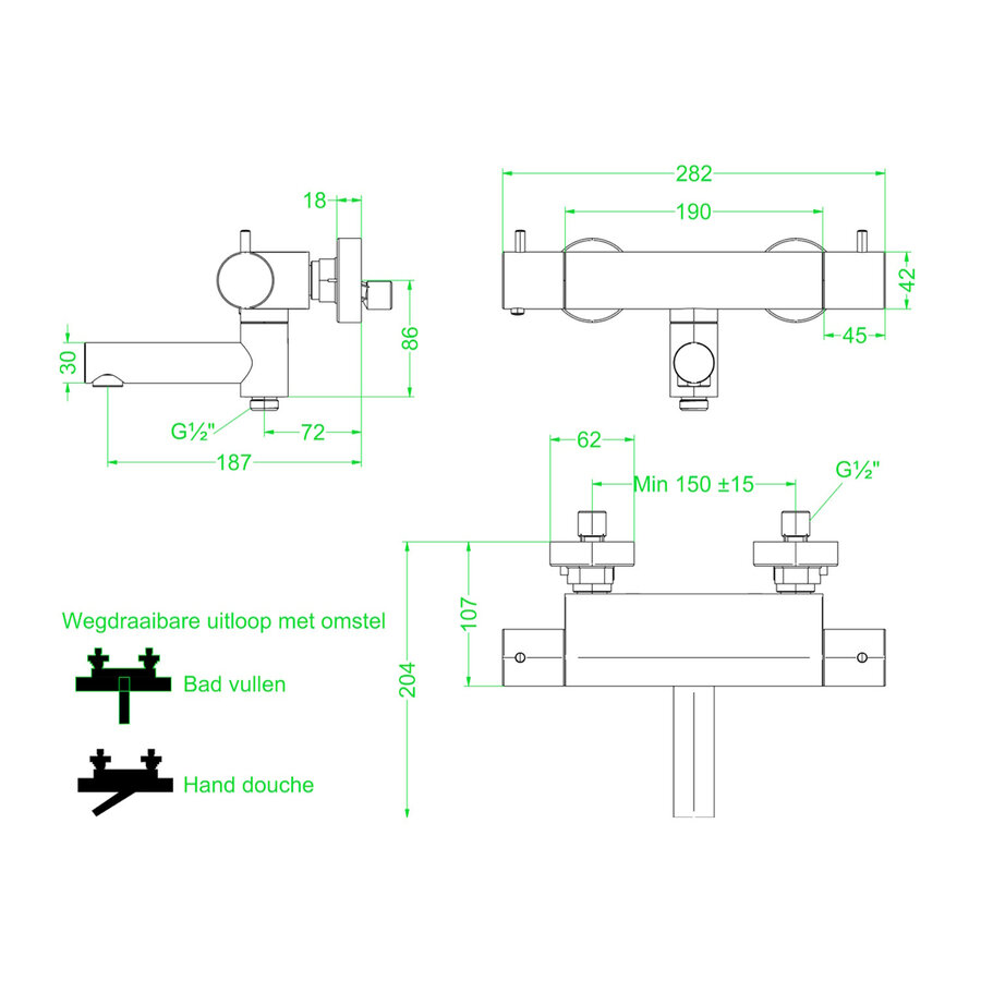 Badthermostaatkraan IVY Bond Opbouw Omstel Met Draaibare Baduitloop Met Omstel Cooltouch Geborsteld Metal Black PVD