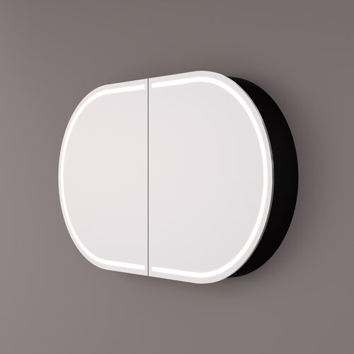 Spiegelkast Hipp Design SPK 91000 Ovaal 120x70 cm 1 deur Met Frame Mat Zwart Met Verlichting Incl. Spiegelverwarming en Stopcontact 