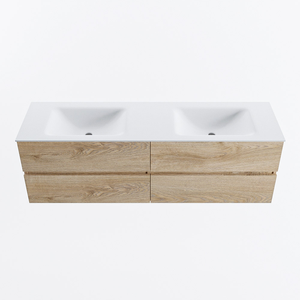 MONDIAZ VICA 160 cm badmeubel onderkast Washed Oak 4 lades. Wastafel CLOUD dubbel 2 kraangaten, kleur Talc. Mondiaz