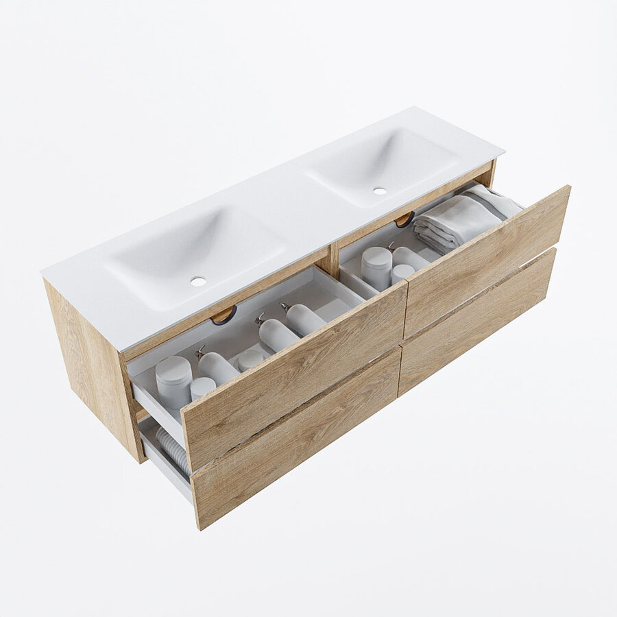 MONDIAZ VICA 160cm badmeubel onderkast Washed Oak 4 lades. Wastafel CLOUD dubbel 2 kraangaten, kleur Talc.