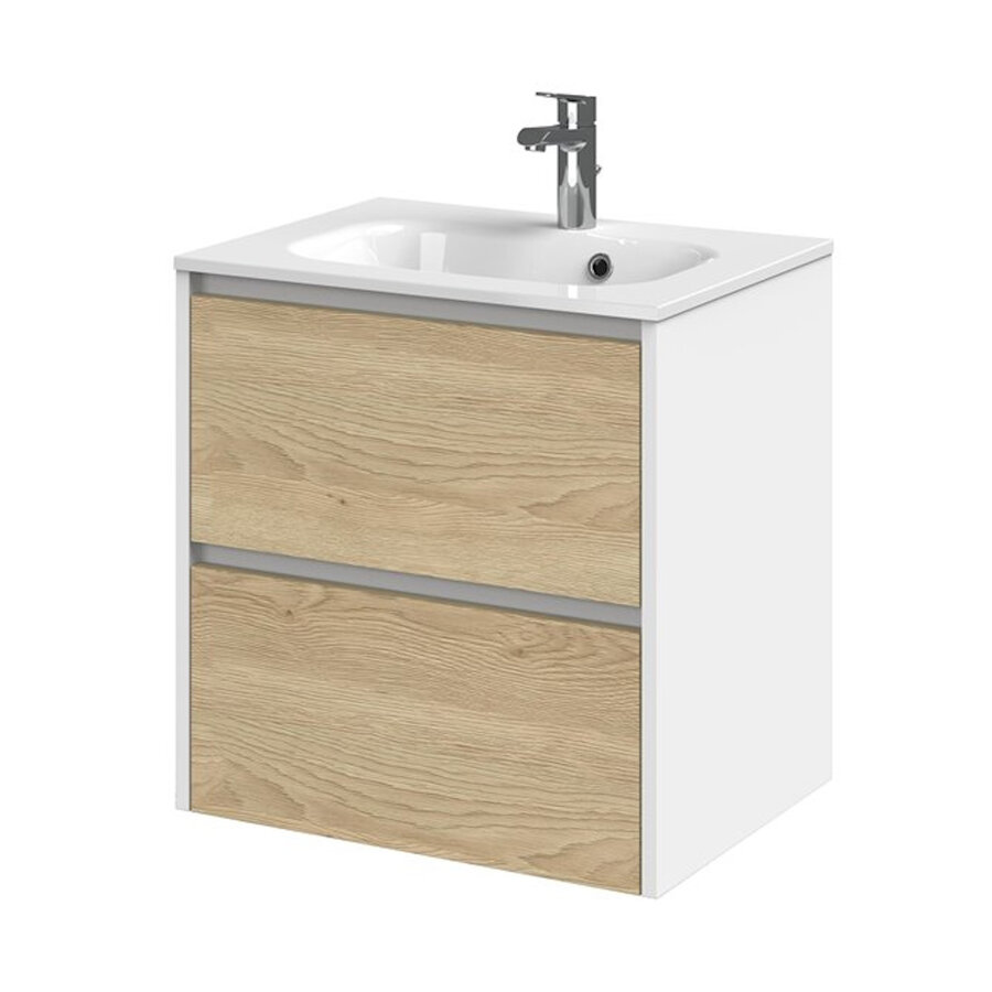 Meubelset Tiger Reverse 60 cm Met 2 Lades Natural Eik - Mat Wit incl Oval Wastafel Hoogglans Wit