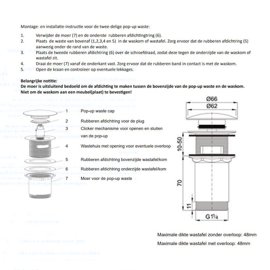 Arcqua Pop-up Waste Wastafel 1 1/4 Universeel Mat Klei