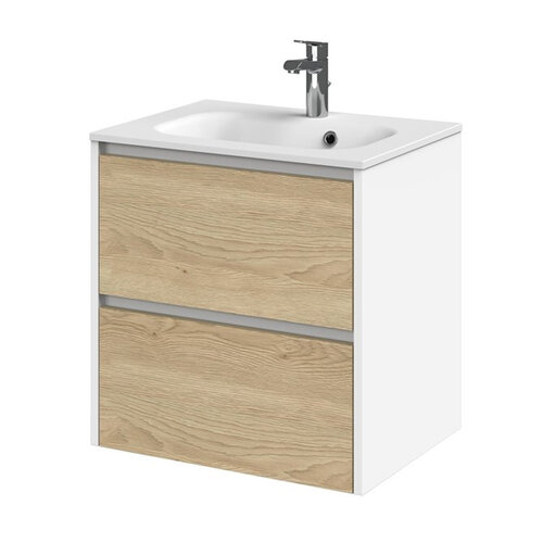 Meubelset Tiger Reverse 60 cm Met 2 Lades Natural Eik - Mat Wit incl Oval Wastafel Mat Wit 