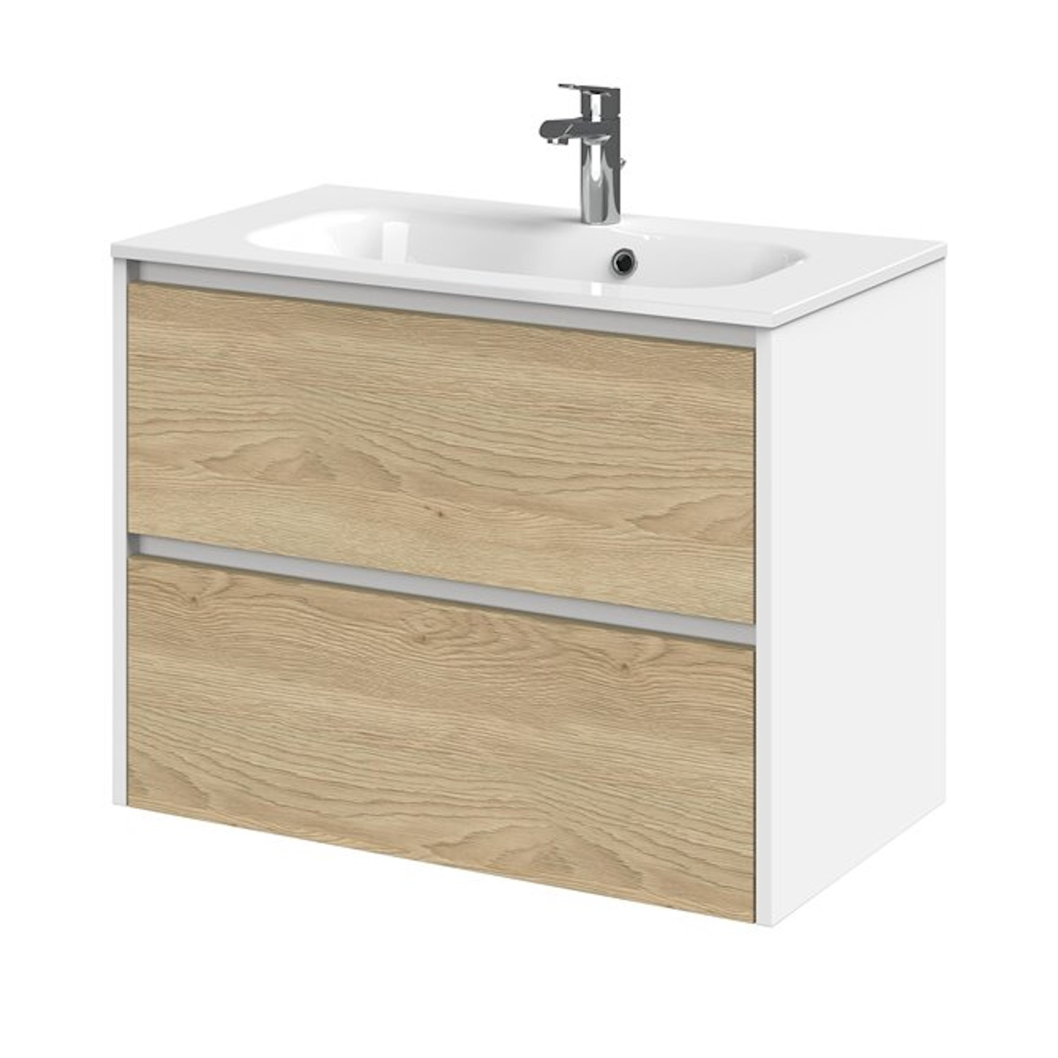 Tiger Meubelset Reverse 80 cm Met 2 Lades Natural Eik - Mat Wit incl Oval Wastafel Hoogglans Wit