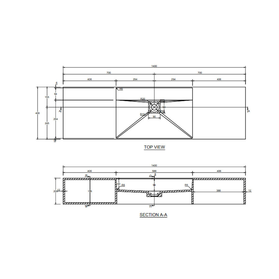 Wastafel Ideavit Solidbliss 140x40x20 cm Solid Surface 1 Opberg Vak Mat Wit