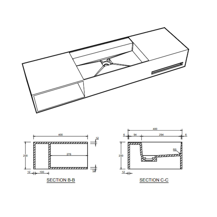 Wastafel Ideavit Solidbliss 140x40x20 cm Solid Surface 1 Opberg Vak Mat Wit
