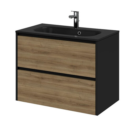 Meubelset Tiger Reverse 80 cm Met 2 Lades Chalet Eik - Mat Zwart incl Oval Wastafel Mat Zwart 