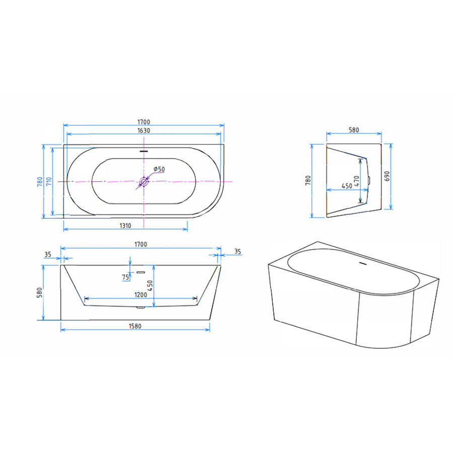 Half Vrijstaand Hoekbad BWS Danielle Links 170x78 Wit