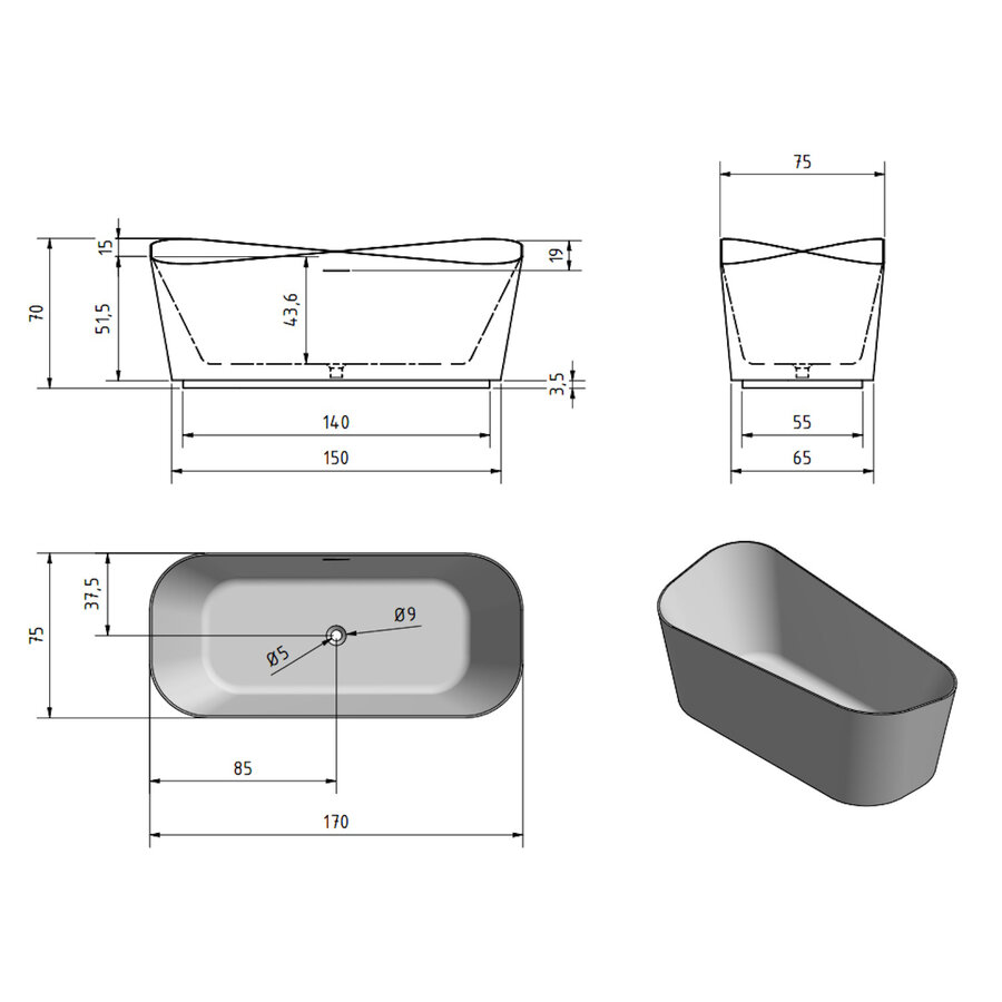 Vrijstaand Ligbad Zenon Sottovento 170x80 cm Blanco Mate