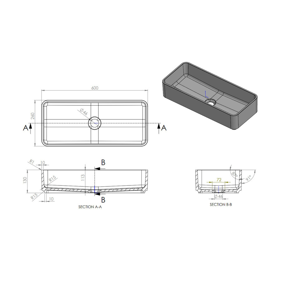 Arcqua Case Opbouw Waskom Rechthoek 60x26 Mat Quartz Grijs