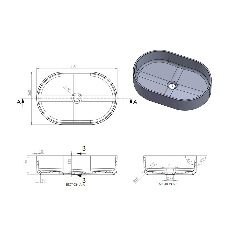 Arcqua Case Opbouw Waskom Ovaal 55x36 Mat Beton