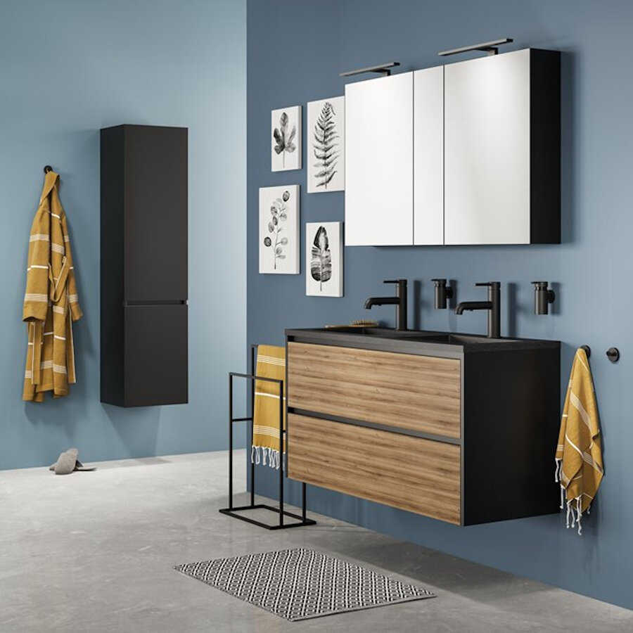 Meubelset Tiger Reverse 120 cm Met 2 Lades Chalet Eik - Mat Zwart incl Oval Wastafel Mat Zwart