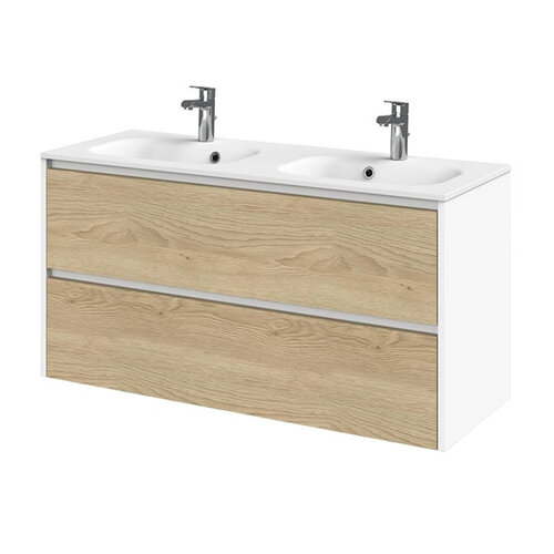 Meubelset Tiger Reverse 120 cm Met 2 Lades Natural Eik - Mat Wit incl Oval Wastafel Mat Wit 