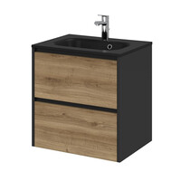 Meubelset Tiger Reverse 60 cm Met 2 Lades Chalet Eik - Mat Zwart incl Oval Wastafel Mat Zwart