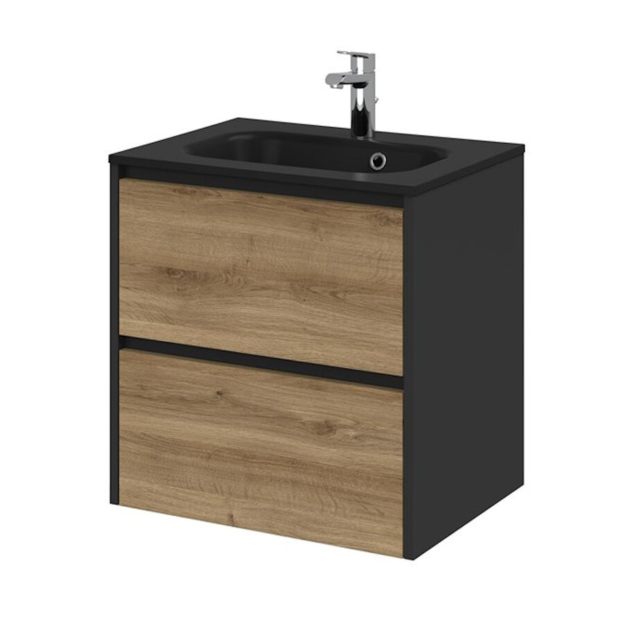 Meubelset Tiger Reverse 60 cm Met 2 Lades Chalet Eik - Mat Zwart incl Oval Wastafel Mat Zwart