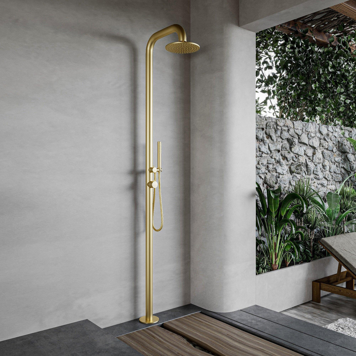 Buitendouche vrijstaand Fortifura Outdoor Deluxe Regendouche Met Handdouche Geborsteld Messing Fortifura