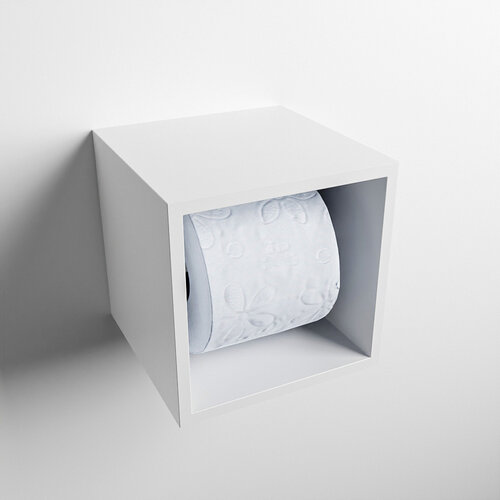 MONDIAZ Easy Toiletrolhouder CUBE 160 solid surface  16x16cm kleur Talc. Geschikt voor op en inbouw. 