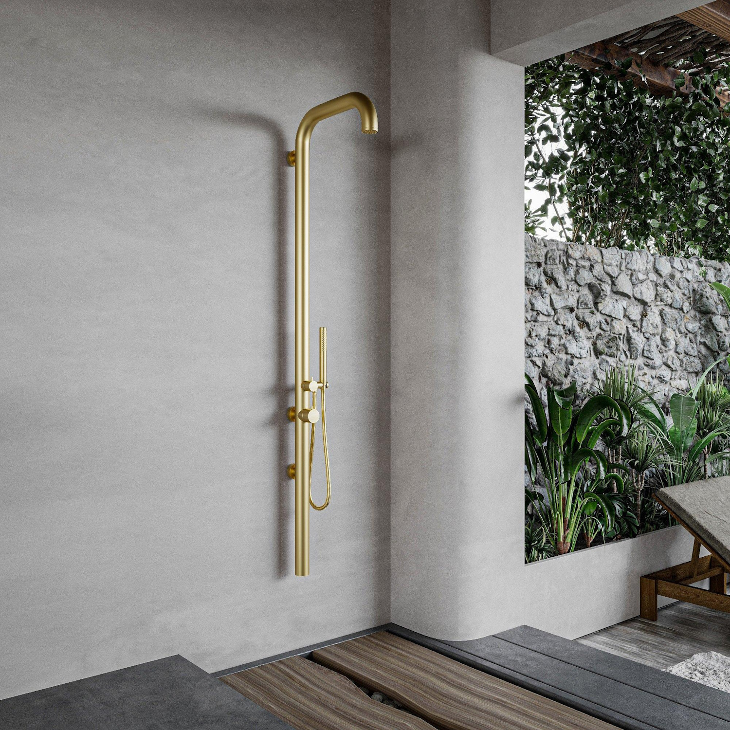 Buitendouche Fortifura Outdoor Original Wandmodel Met Handdouche Geborsteld Messing Fortifura