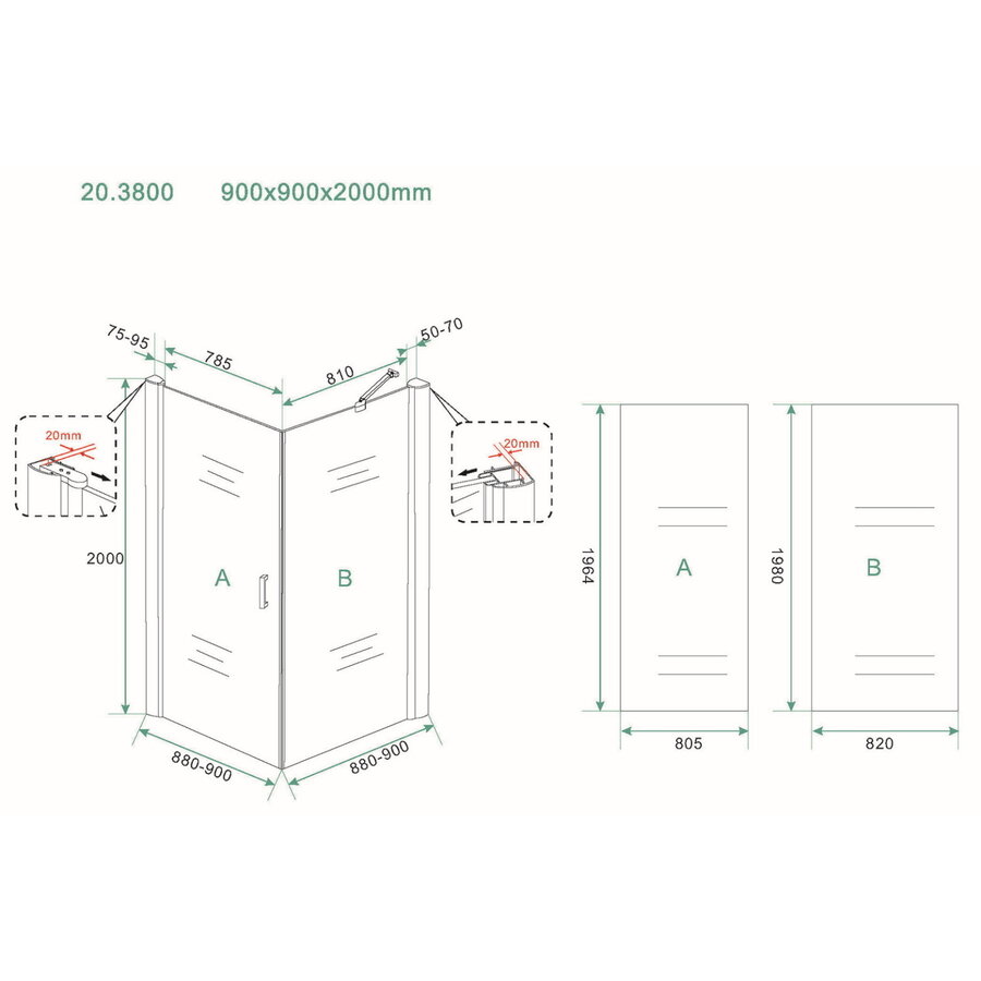 Douchecabine Wiesbaden Uni Klapdeur Vierkant 90x90x200 cm 8 mm NANO coating Mat Zwart