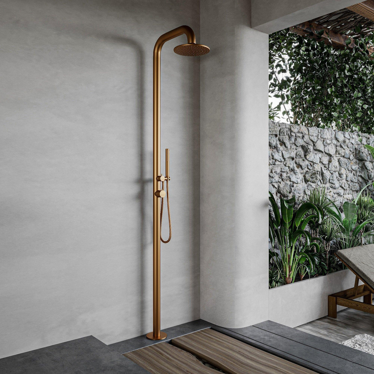 Buitendouche vrijstaand Fortifura Outdoor Deluxe Regendouche Met Handdouche Geborsteld Koper Fortifura