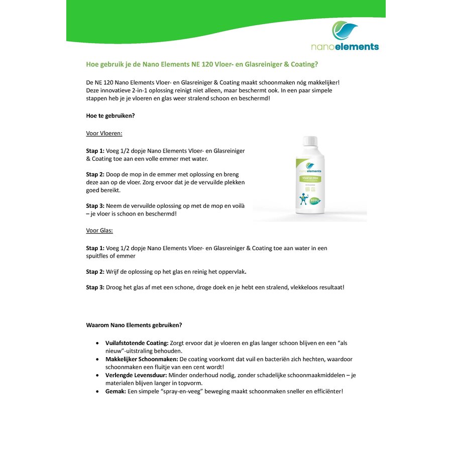 Vloer- en Glas Reiniger & Coating Nano Elements (Concentraat) 500ML