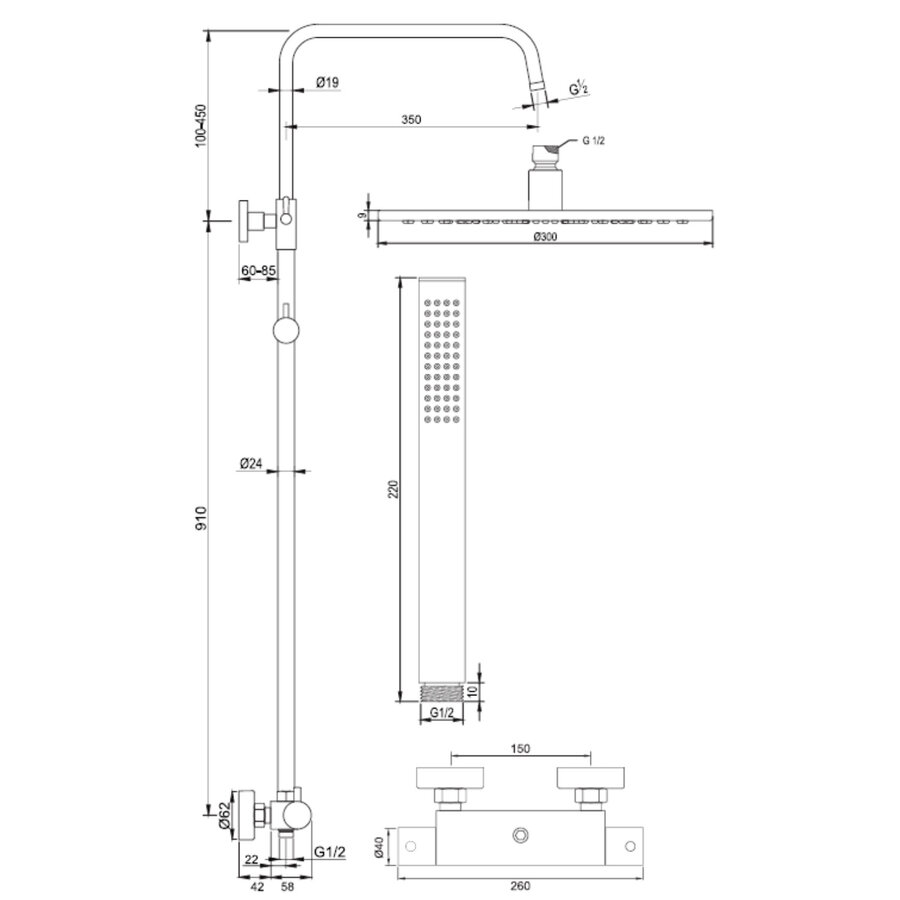 Regendoucheset Opbouw Brauer Gunmetal Edition 30 cm Thermostatisch met Staaf Handdouche Geborsteld Gunmetal