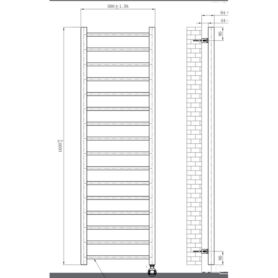 Elektrische Handdoekradiator BWS Russ Links aansluiting 755W 160x50 cm Mat Zwart