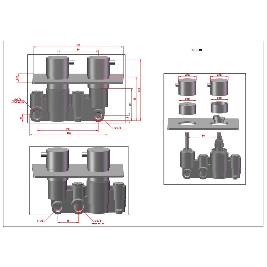 Inbouw Douche Thermostaat BWS Koper Geborsteld Koper (Inclusief inbouwdeel)