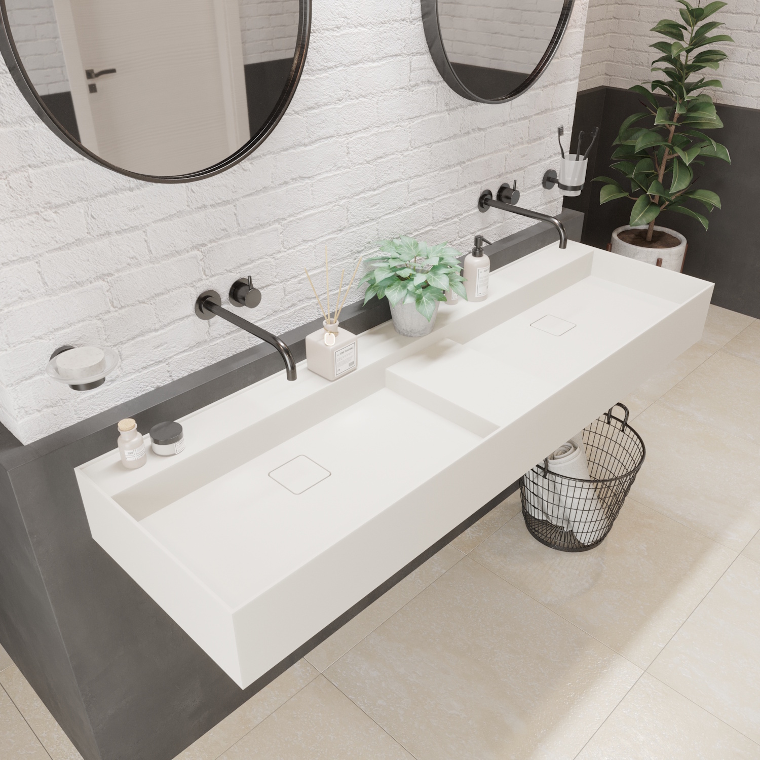 Wastafel Ideavit Solidbliss 150x45x16 cm Solid Surface 1 Midden Plateau Mat Wit Ideavit