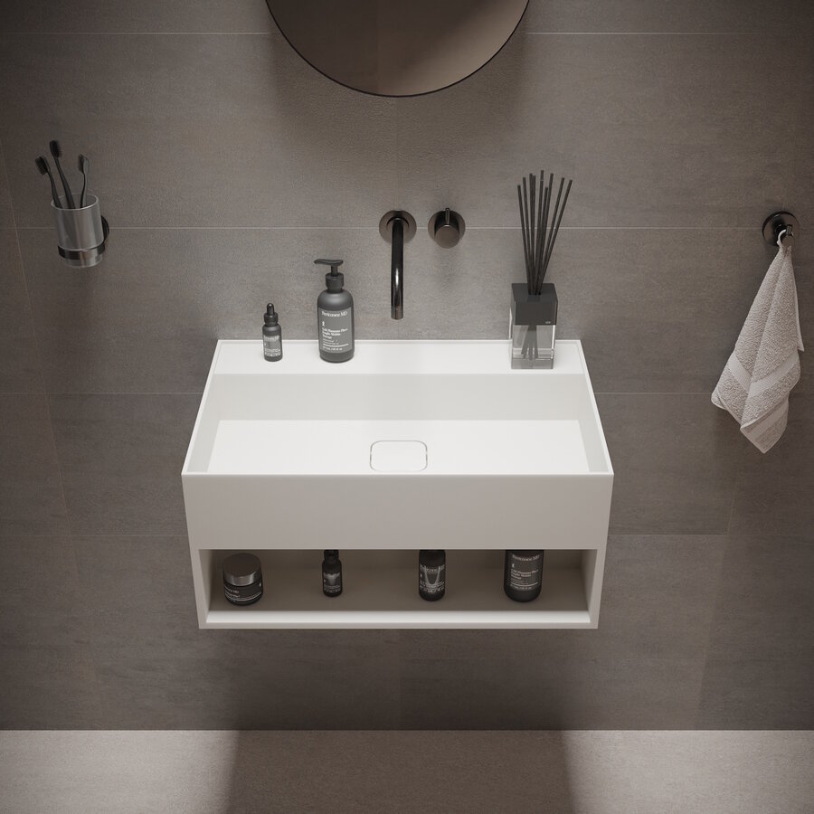 Fontein Ideavit Solidbliss 60x40x28 cm Solid Surface Handdoek Opberg Mogelijkheid Mat Wit