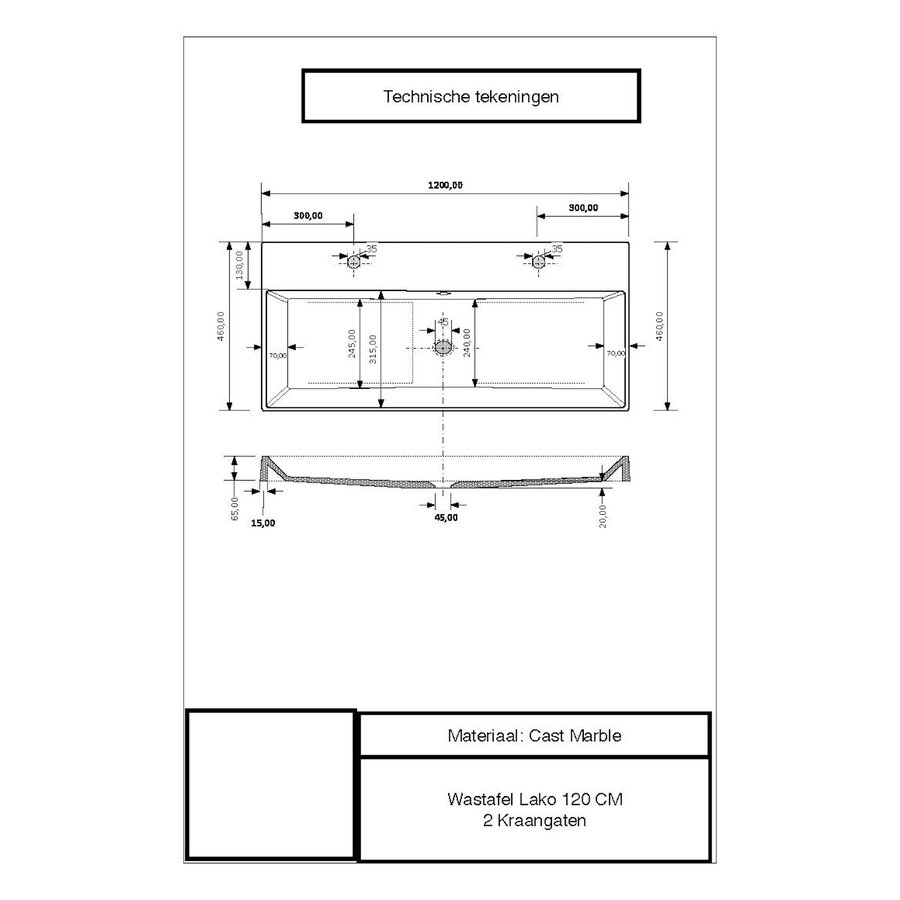 Wastafel Gliss Design Lako 120 cm 2 Kraangaten Mat Leigrijs