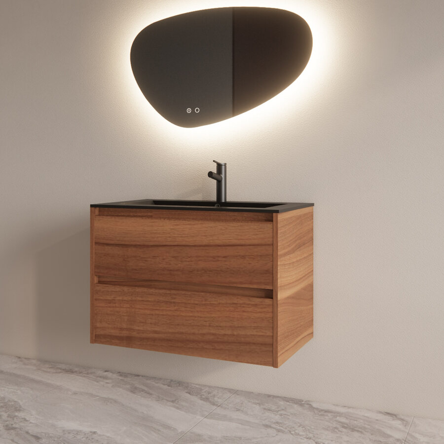 Badmeubelset BWS Riga Met Asia Wastafel Mat Zwart 80 cm Walnoot