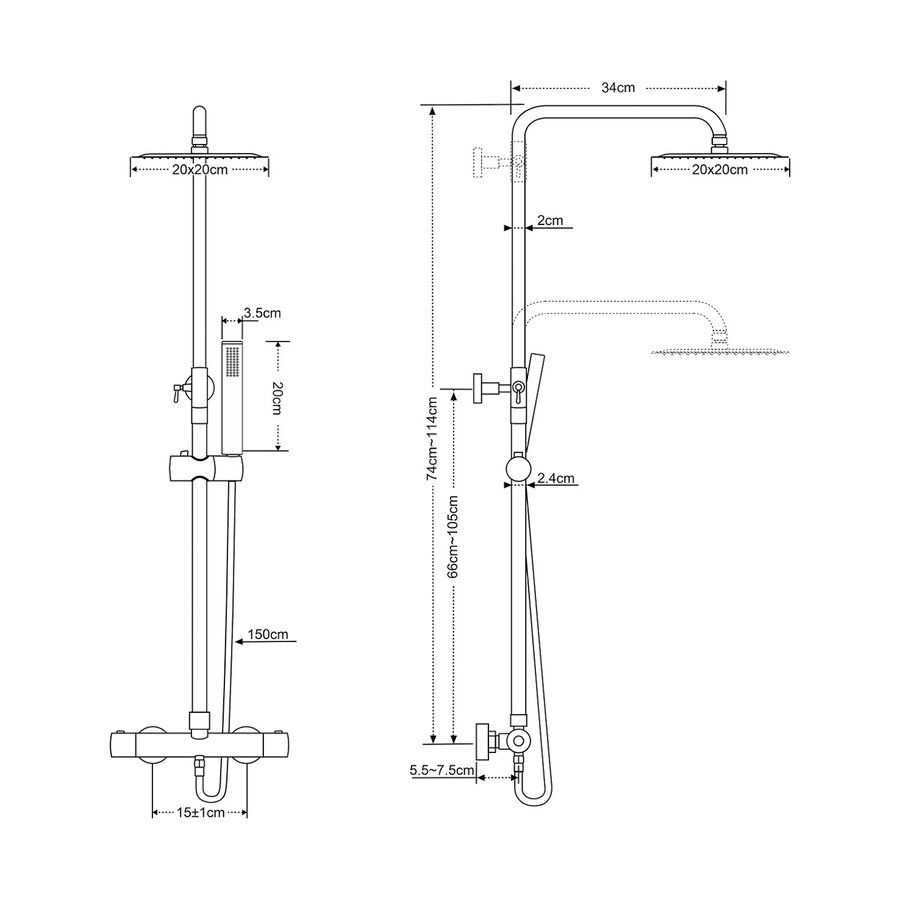 Regendoucheset Aqua Splash Thermostatisch Square met Handdouche Mat Zwart