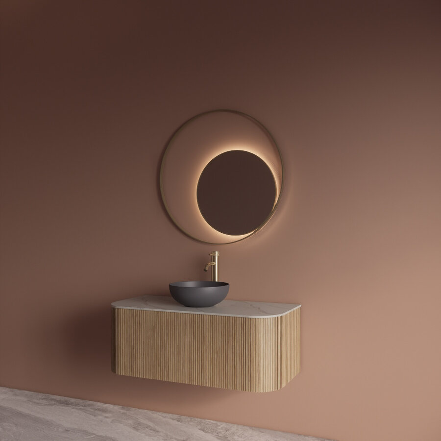 Spiegel Gliss Design Kosmos Mat Goud Rond met Frame en Indirecte LED Verlichting 100 cm