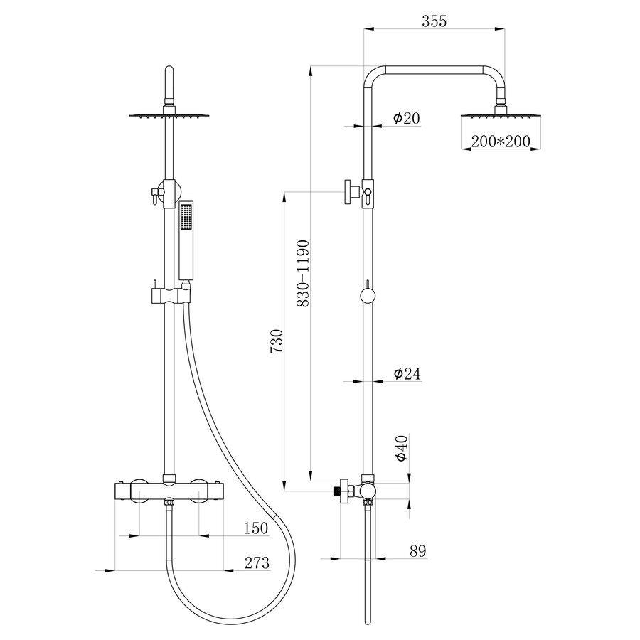 Regendouche Wiesbaden Rombo Eco Twenty Opbouwset Thermostaatkraan 20cm Mat Zwart