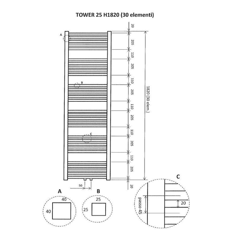 Radiator Tower Middenonder Aansluiting 182X60Cm Wit