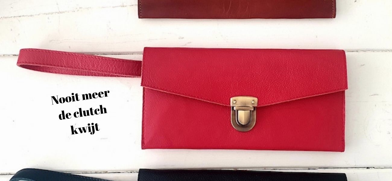 Leren clutch portemonnee in het zwart, rood en bruin