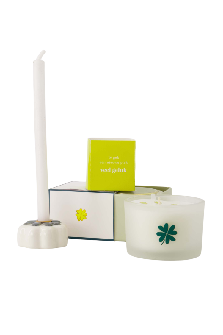 Zusss Zusss | Geurkaars tinnen in schuifdoosje veel geluk klavertje wit/groen
