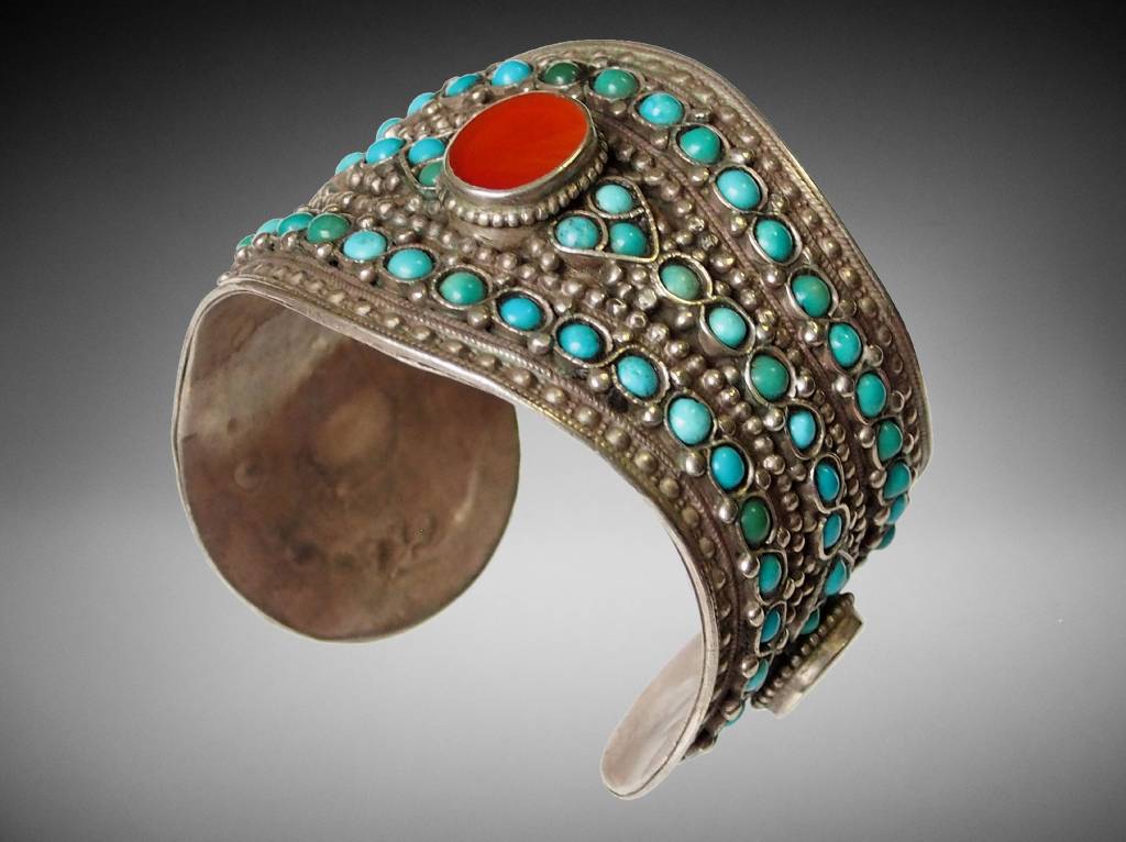 handmade vintage Afghan silver carnelian and turquoise cuff Bracelet  AfghanistanNo-17/375