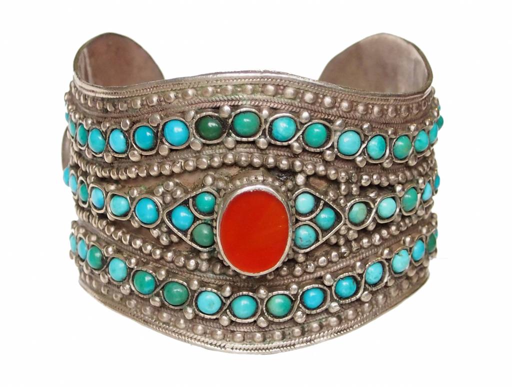 handmade vintage Afghan silver carnelian and turquoise cuff Bracelet  AfghanistanNo-17/375